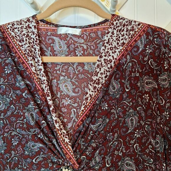 ACE Fashion Size L Maxi Boho Dress Bead Embellished 3/4 Sleeve Paisley V Neck - Picture 3 of 10
